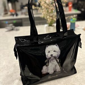 Harrods Large Glossy Black Tote with zipper & puppy Dog Design